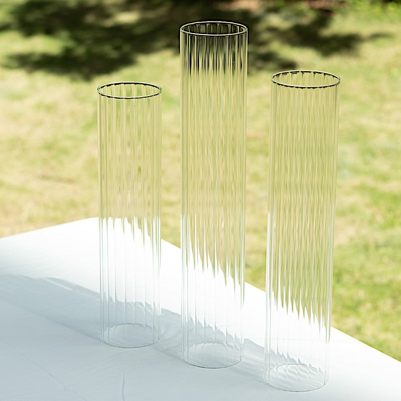 3 Ribbed Candelabra Candle Holder Glass Shades - Clear