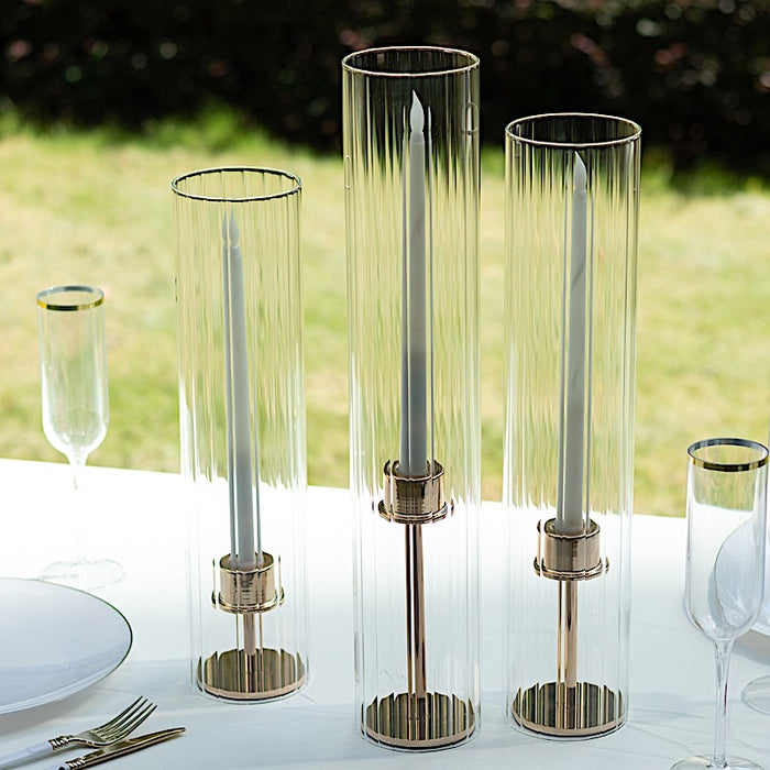 3 Ribbed Candelabra Candle Holder Glass Shades - Clear