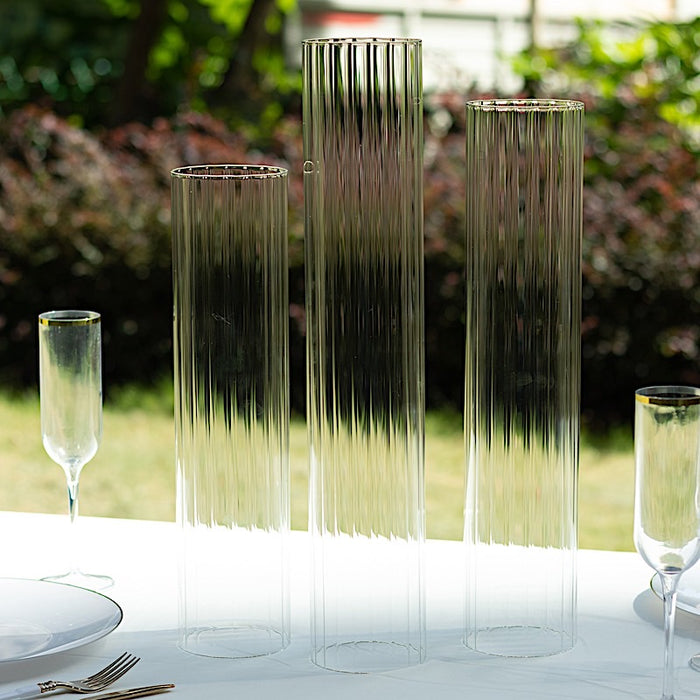 3 Ribbed Candelabra Candle Holder Glass Shades - Clear