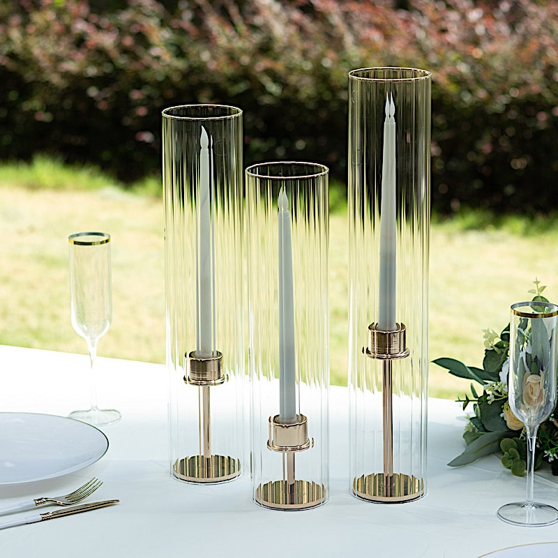 3 Ribbed Candelabra Candle Holder Glass Shades - Clear