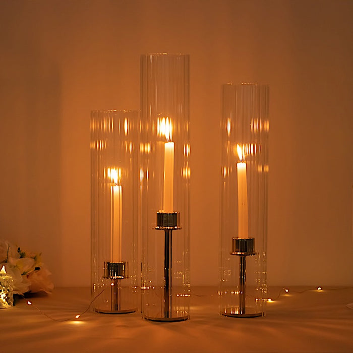 3 Ribbed Candelabra Candle Holder Glass Shades - Clear