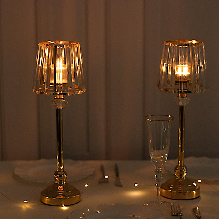 2 Metal Votive Candle Holders with Crystal Glass Lamp Shade - Gold and Clear