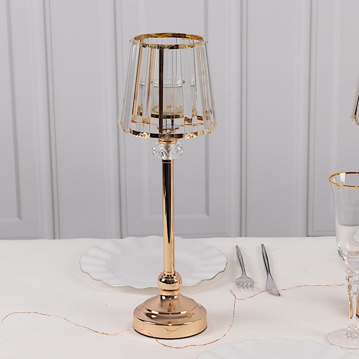 2 Metal Votive Candle Holders with Crystal Glass Lamp Shade - Gold and Clear