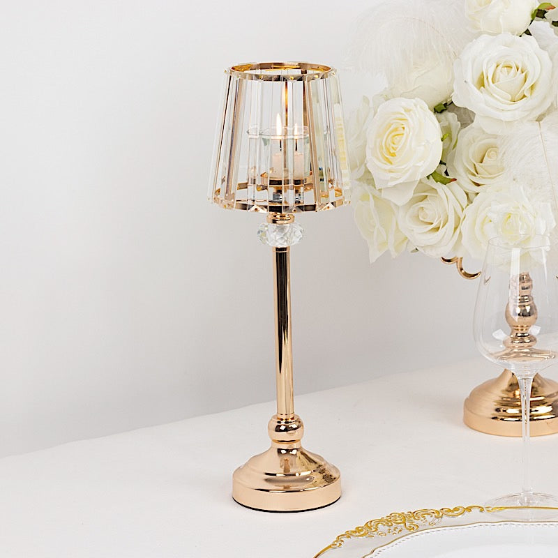 2 Metal Votive Candle Holders with Crystal Glass Lamp Shade - Gold and Clear