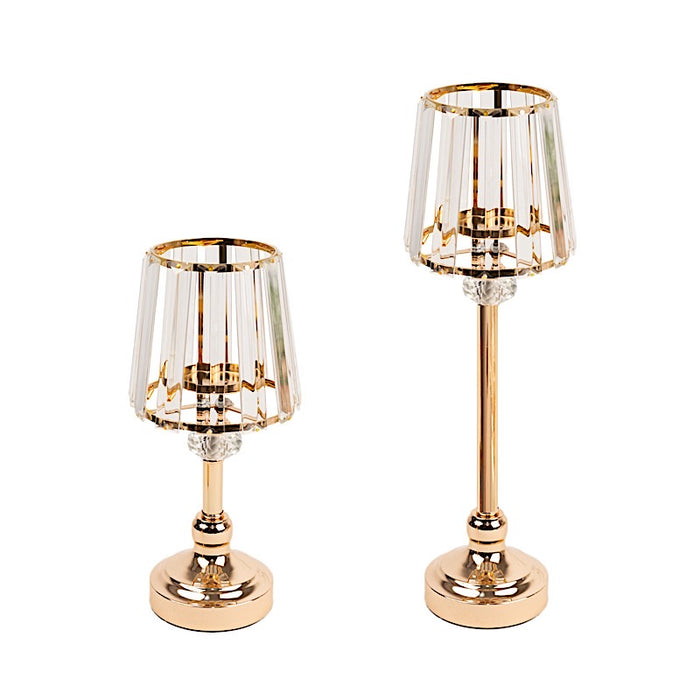 2 Metal Votive Candle Holders with Crystal Glass Lamp Shade - Gold and Clear