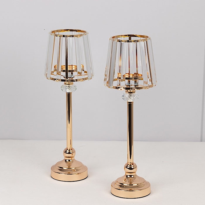 2 Metal Votive Candle Holders with Crystal Glass Lamp Shade - Gold and Clear