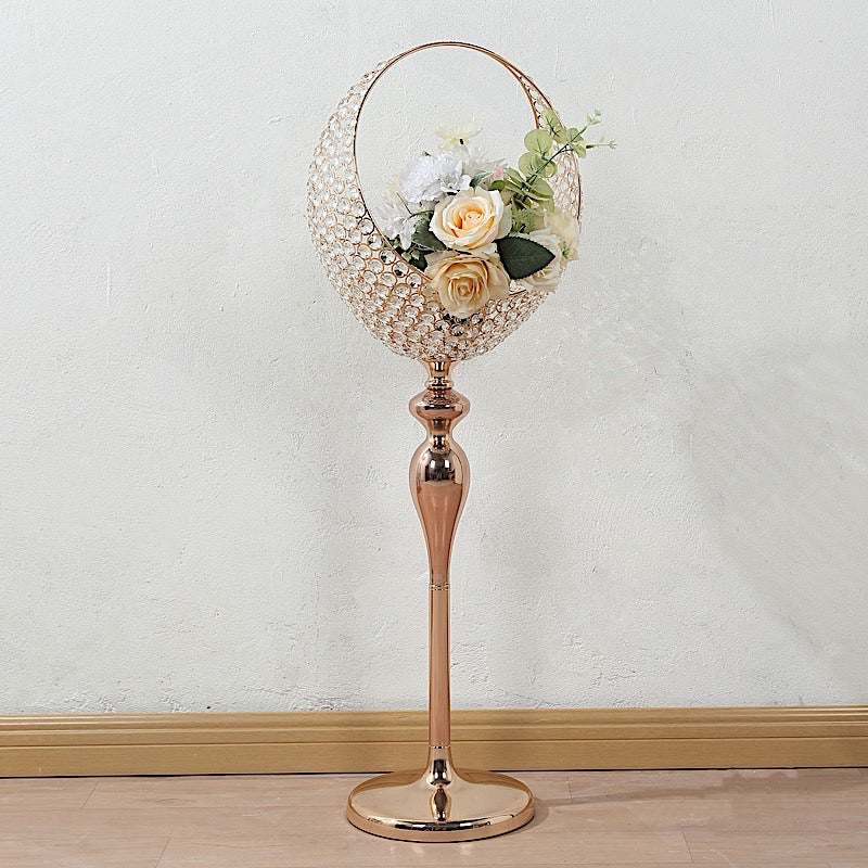 3 ft Crystal Beaded Metal Candle Holder Stand in Half Moon Basket Design - Gold