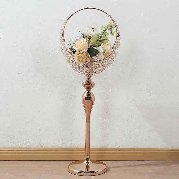 3 ft Crystal Beaded Metal Candle Holder Stand in Half Moon Basket Design - Gold