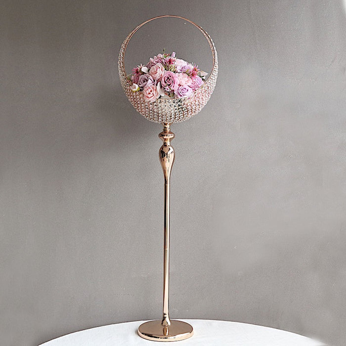 4.5 ft Crystal Beaded Metal Candle Holder Stand in Half Moon Basket Design - Gold