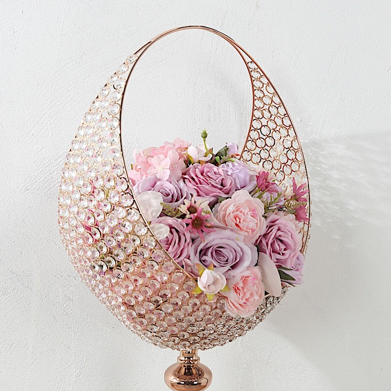 4.5 ft Crystal Beaded Metal Candle Holder Stand in Half Moon Basket Design - Gold