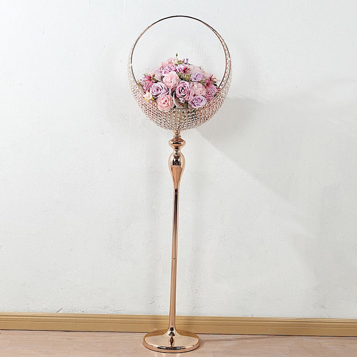 4.5 ft Crystal Beaded Metal Candle Holder Stand in Half Moon Basket Design - Gold