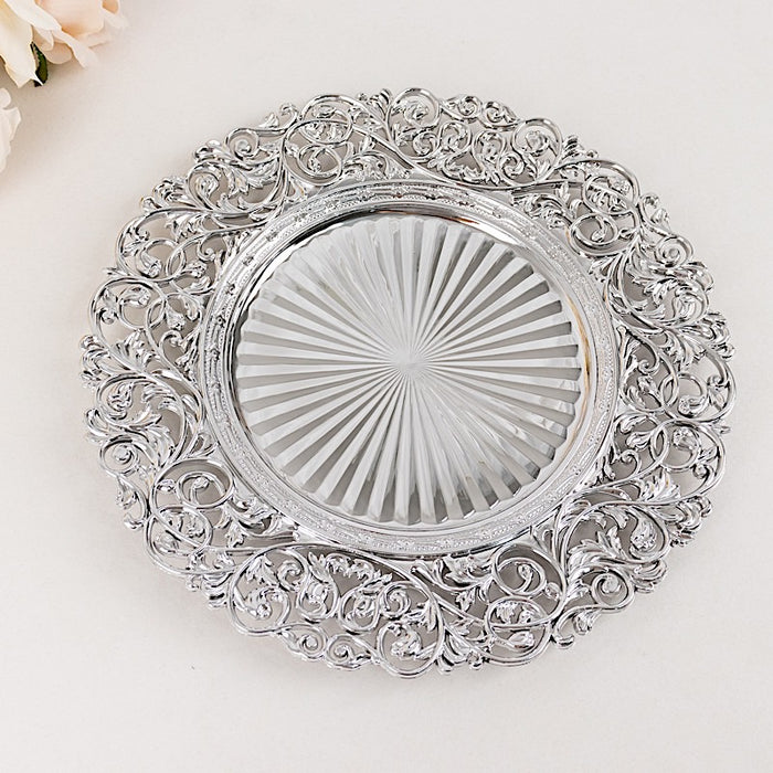 6 Round 13" Vintage Floral Acrylic Charger Plates with Carved Borders
