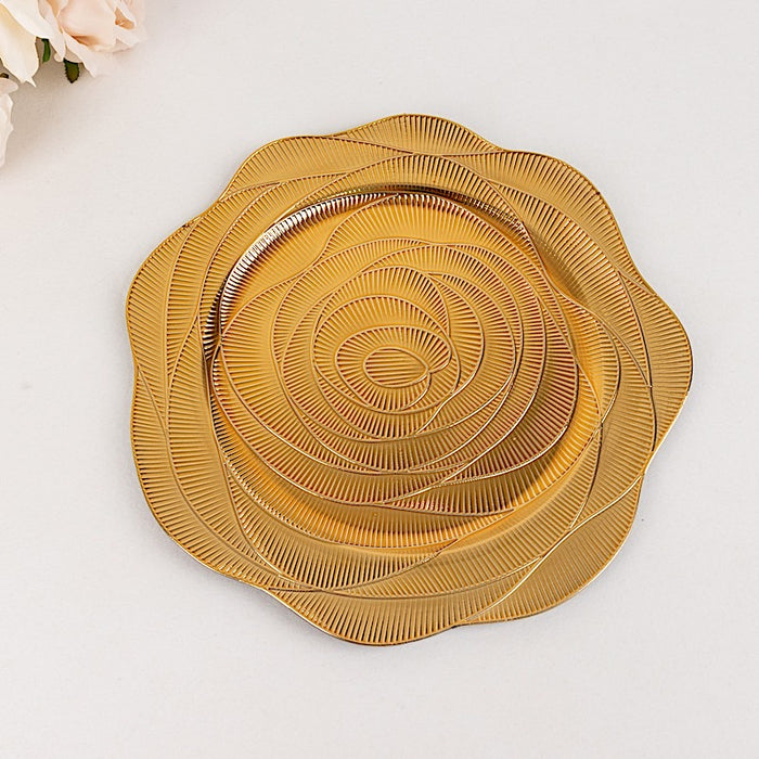 6 Metallic 13" Round Acrylic Plastic Charger Plates with Ribbed Rose Pattern - Gold