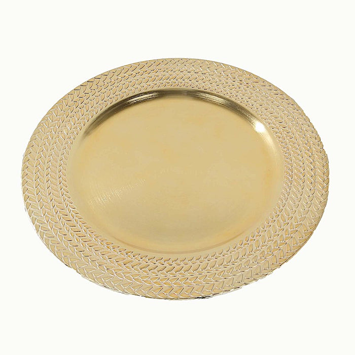 6 Acrylic 13" Charger Plates with Wheat Pattern Gold Rim