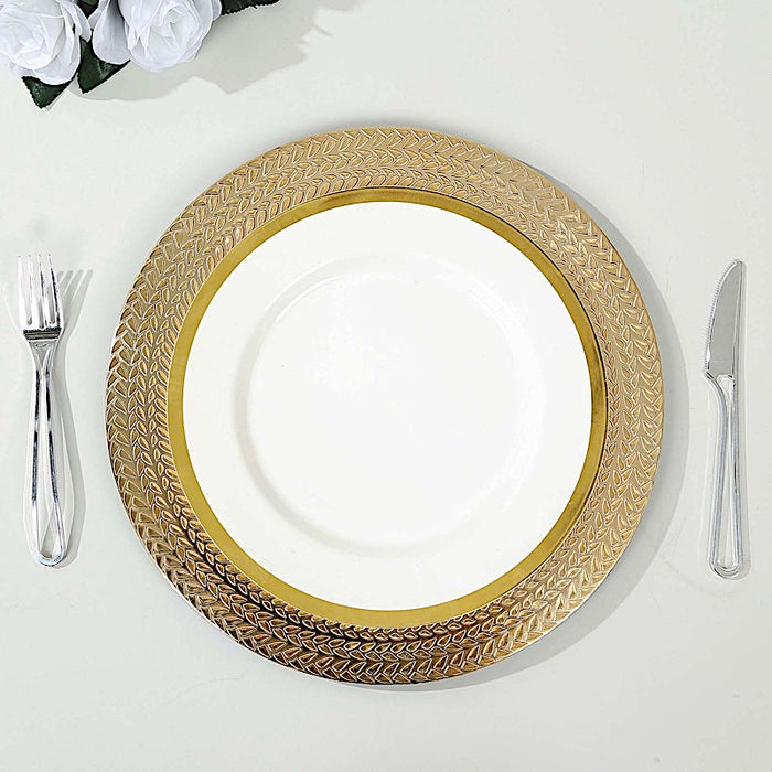 6 Acrylic 13" Charger Plates with Wheat Pattern Gold Rim