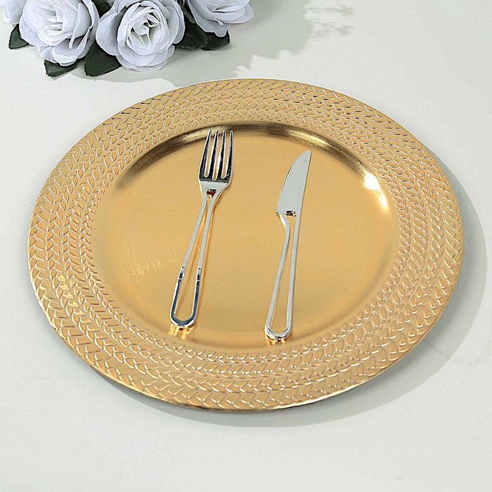 6 Acrylic 13" Charger Plates with Wheat Pattern Gold Rim