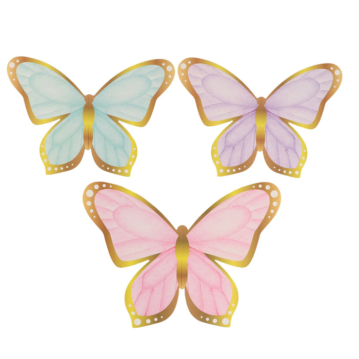 12 Pastel Color 3D Butterfly Table Centerpieces with Metallic Gold Foil Accents