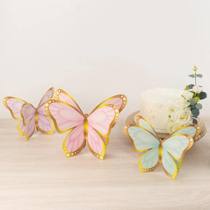 12 Pastel Color 3D Butterfly Table Centerpieces with Metallic Gold Foil Accents