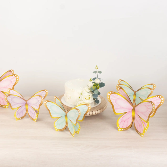 12 Pastel Color 3D Butterfly Table Centerpieces with Metallic Gold Foil Accents