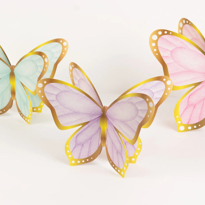 12 Pastel Color 3D Butterfly Table Centerpieces with Metallic Gold Foil Accents