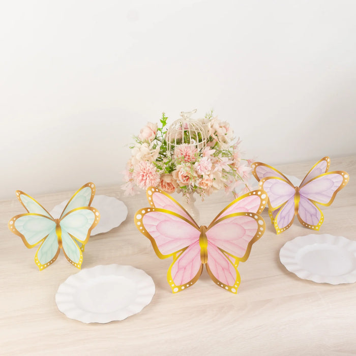 12 Pastel Color 3D Butterfly Table Centerpieces with Metallic Gold Foil Accents