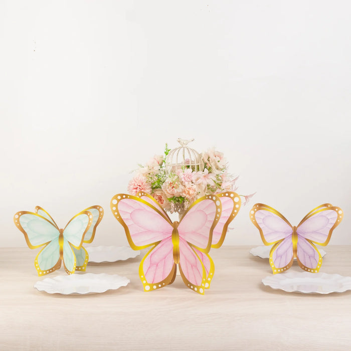 12 Pastel Color 3D Butterfly Table Centerpieces with Metallic Gold Foil Accents