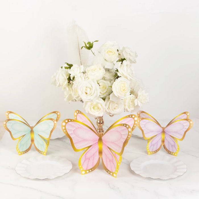 12 Pastel Color 3D Butterfly Table Centerpieces with Metallic Gold Foil Accents