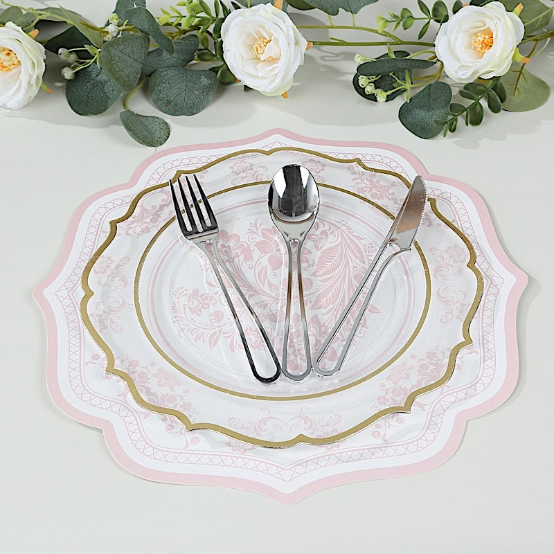 10 Cardboard Paper Placemats with French Toile Pattern - White Pink