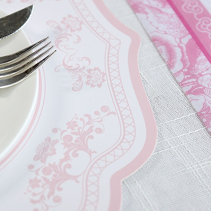 10 Cardboard Paper Placemats with French Toile Pattern - White Pink