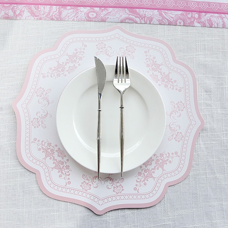 10 Cardboard Paper Placemats with French Toile Pattern - White Pink