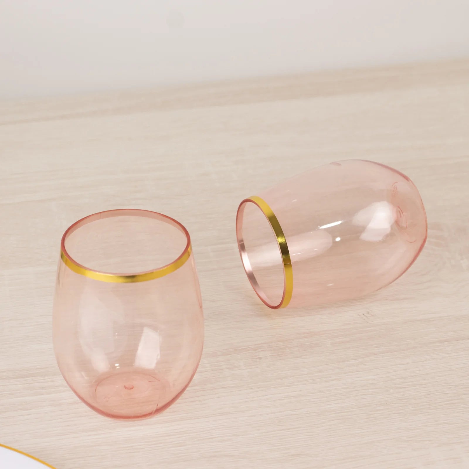 12 pcs 14 oz Gold Rim Stemless Plastic Wine Glasses - Disposable Tableware