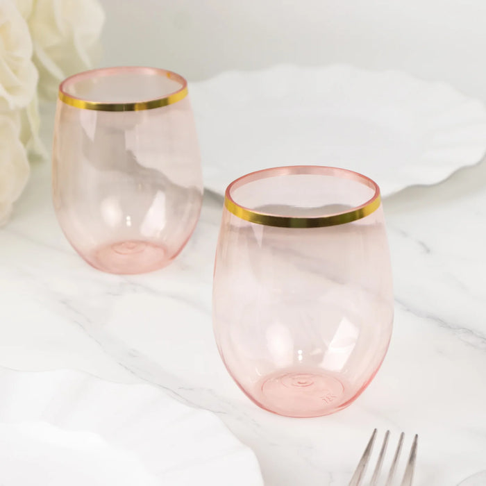 12 pcs 14 oz Gold Rim Stemless Plastic Wine Glasses - Disposable Tableware