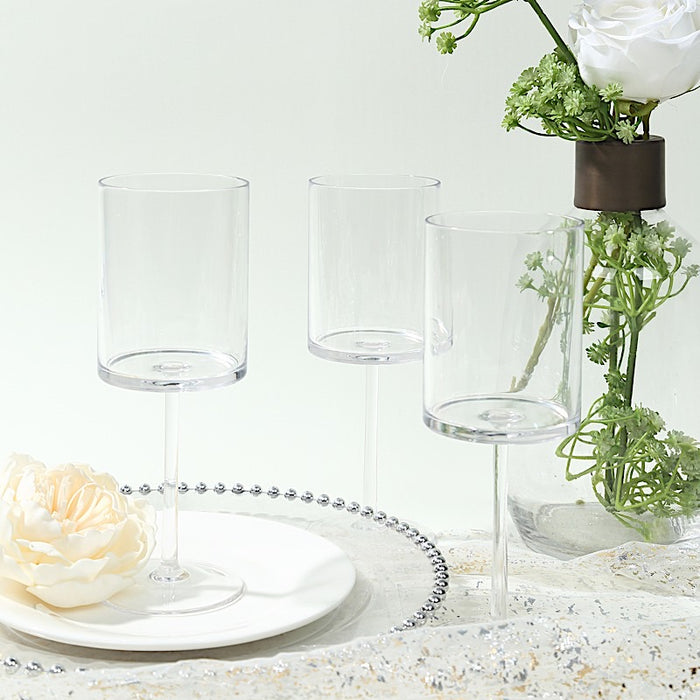 6 Plastic Cylindrical Wine Glasses with Long Stem - Clear