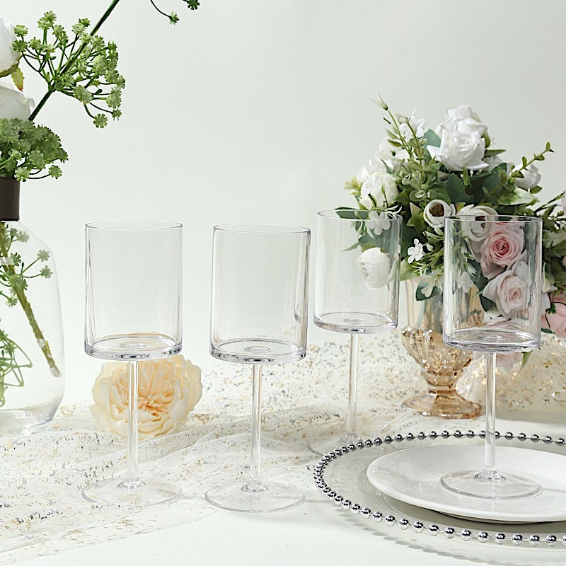 6 Plastic Cylindrical Wine Glasses with Long Stem - Clear