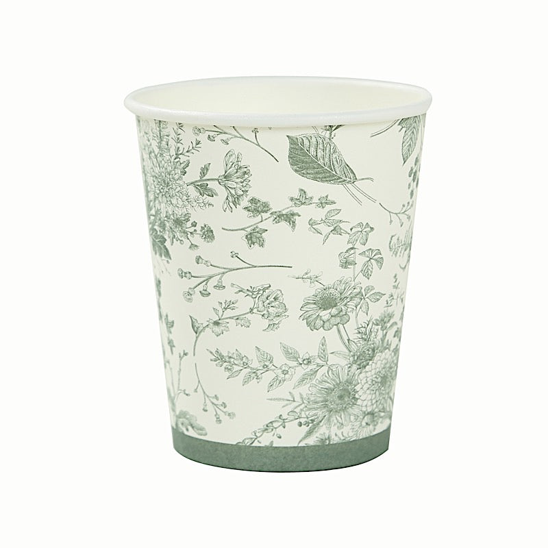 24 White Sage Green French Toile Paper Cups - Disposable Tableware