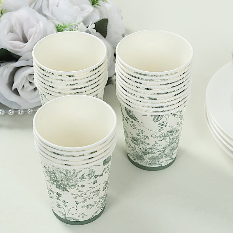 24 White Sage Green French Toile Paper Cups - Disposable Tableware