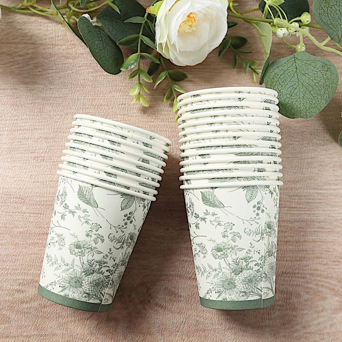 24 White Sage Green French Toile Paper Cups - Disposable Tableware