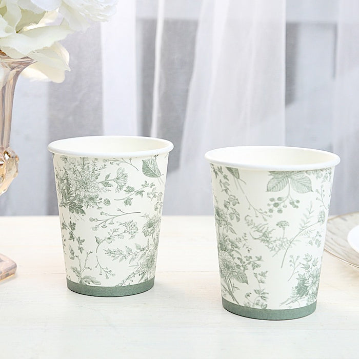 24 White Sage Green French Toile Paper Cups - Disposable Tableware