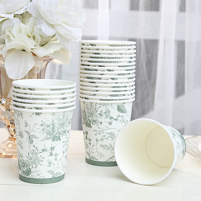 24 White Sage Green French Toile Paper Cups - Disposable Tableware