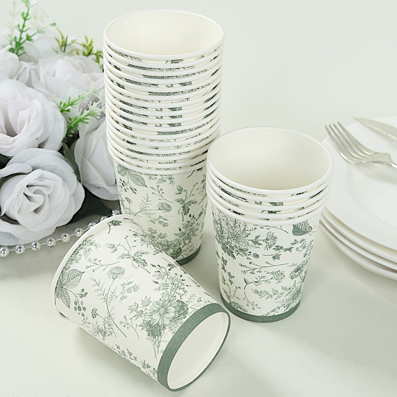 24 White Sage Green French Toile Paper Cups - Disposable Tableware