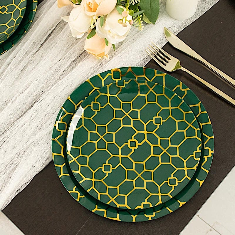 20 Round Plastic Salad and Dinner Plates with Gold Geometric Design - Disposable Tableware