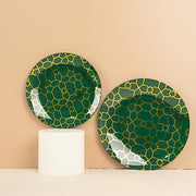 20 Round Plastic Salad and Dinner Plates with Gold Geometric Design - Disposable Tableware