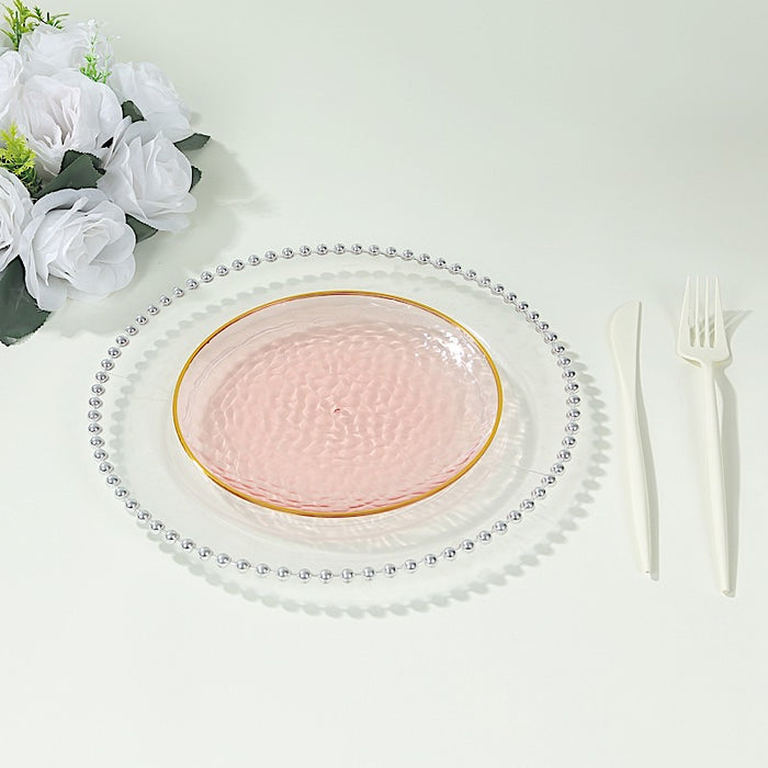 10 Glossy Round Plastic Salad and Dinner Plates with Gold Rim - Disposable Tableware