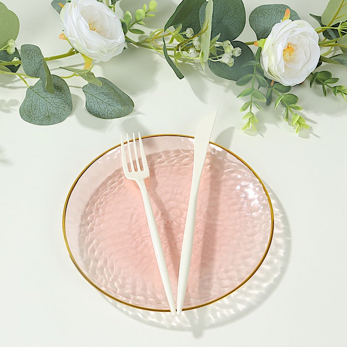 10 Glossy Round Plastic Salad and Dinner Plates with Gold Rim - Disposable Tableware