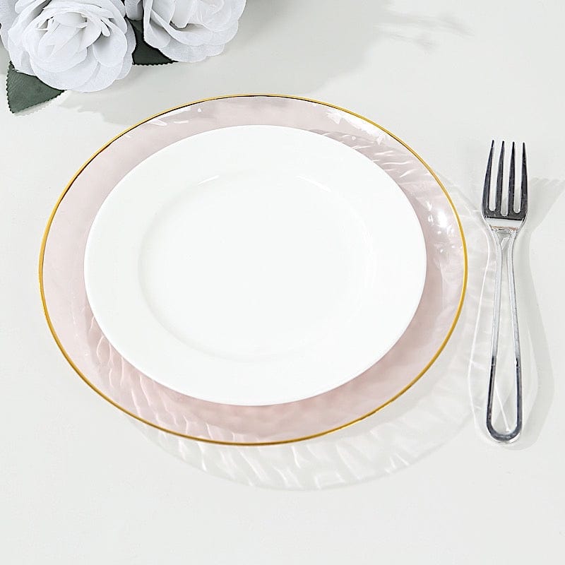 10 Glossy Round Plastic Salad and Dinner Plates with Gold Rim - Disposable Tableware