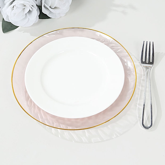 10 Glossy Round Plastic Salad and Dinner Plates with Gold Rim - Disposable Tableware