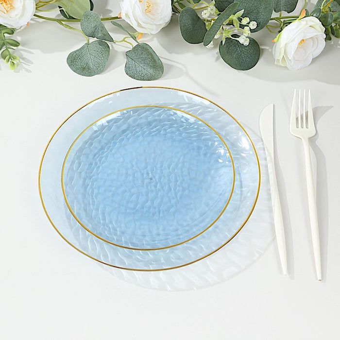 10 Glossy Round Plastic Salad and Dinner Plates with Gold Rim - Disposable Tableware