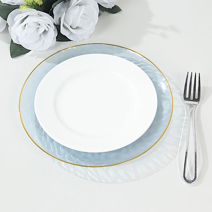 10 Glossy Round Plastic Salad and Dinner Plates with Gold Rim - Disposable Tableware