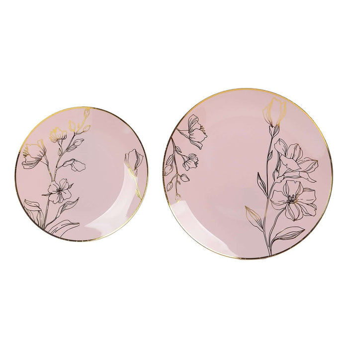 20 Round Plastic Salad Dinner Plates with Gold Floral Design - Disposable Tableware