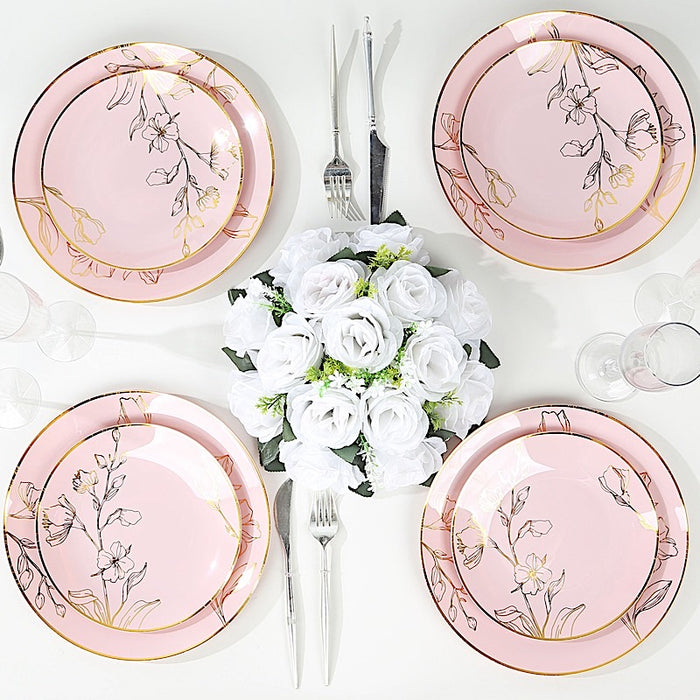 20 Round Plastic Salad Dinner Plates with Gold Floral Design - Disposable Tableware